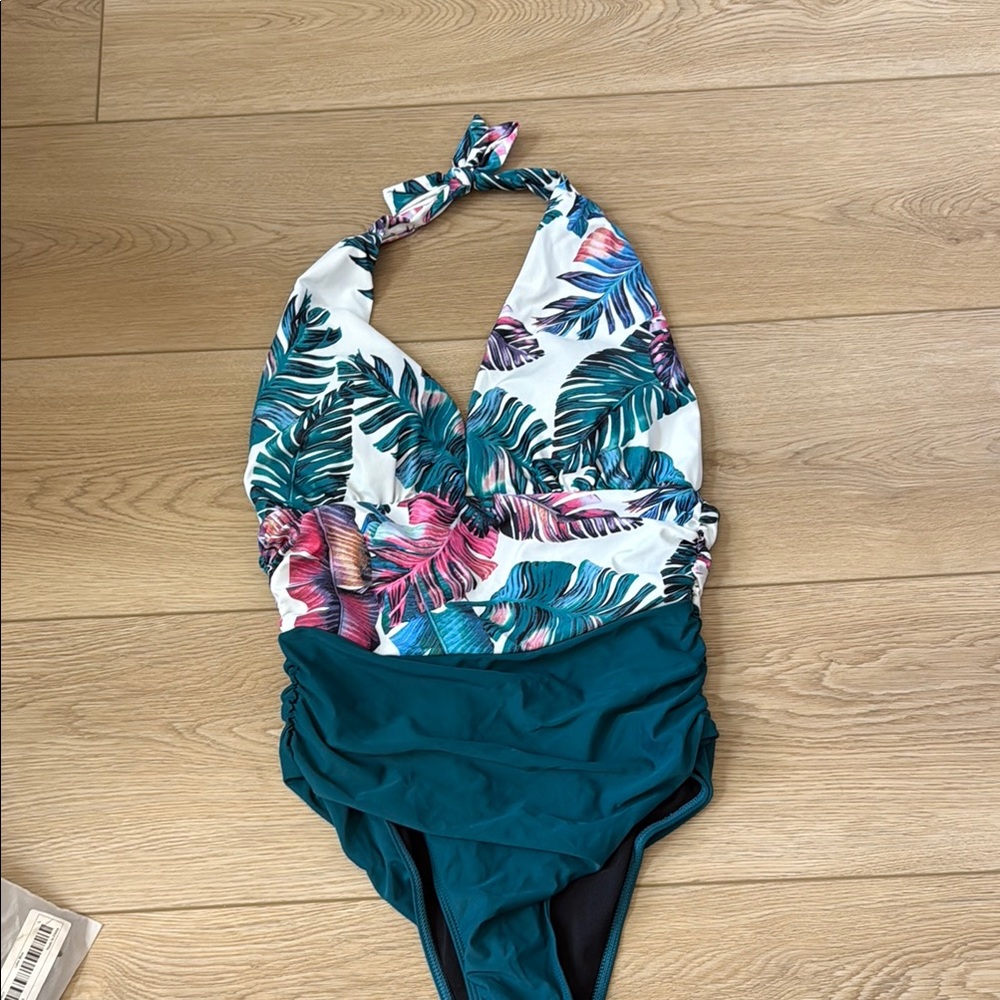Green and Pink One Piece Swimwear with Tropical Print